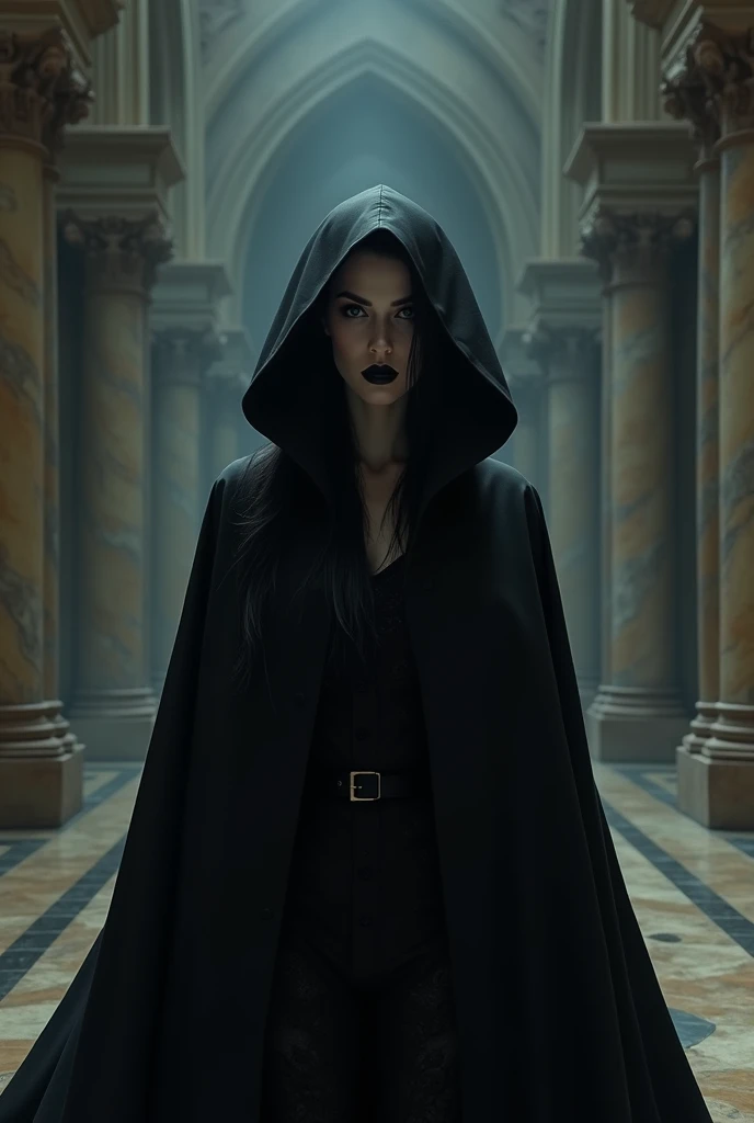 cloaked Female vampire, short, Pale skin, Black lipstick, partially visible Facial Features, Inside a gothic Palace