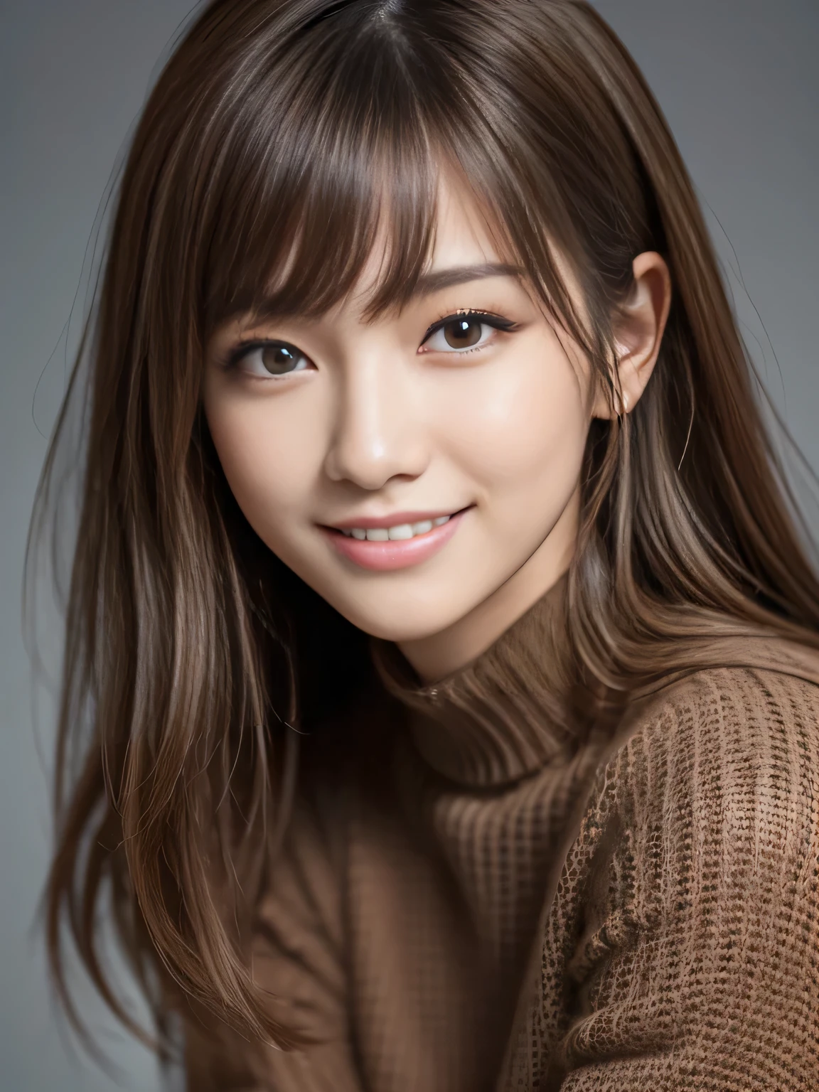 masterpiece, best quality, ultra-detailed, intricately detailed hyperdetailed, realistic, sharp features, highly detailed, sharp focus, Realistic, Photorealistic:1.3, perfect face, perfect symmetrically eyes, perfect full lips, hyper detailed, hyper realistic, high resolution, Fashion Model, Japanese Idol, Slender, brown hair, Stylish, model poses, Beautiful Face, light brown hair, messy hair, asymmetrical bangs, (grin:1.2), (looking at viewer), cinematic lighting, grey background, (Black knit:1.2), portrait