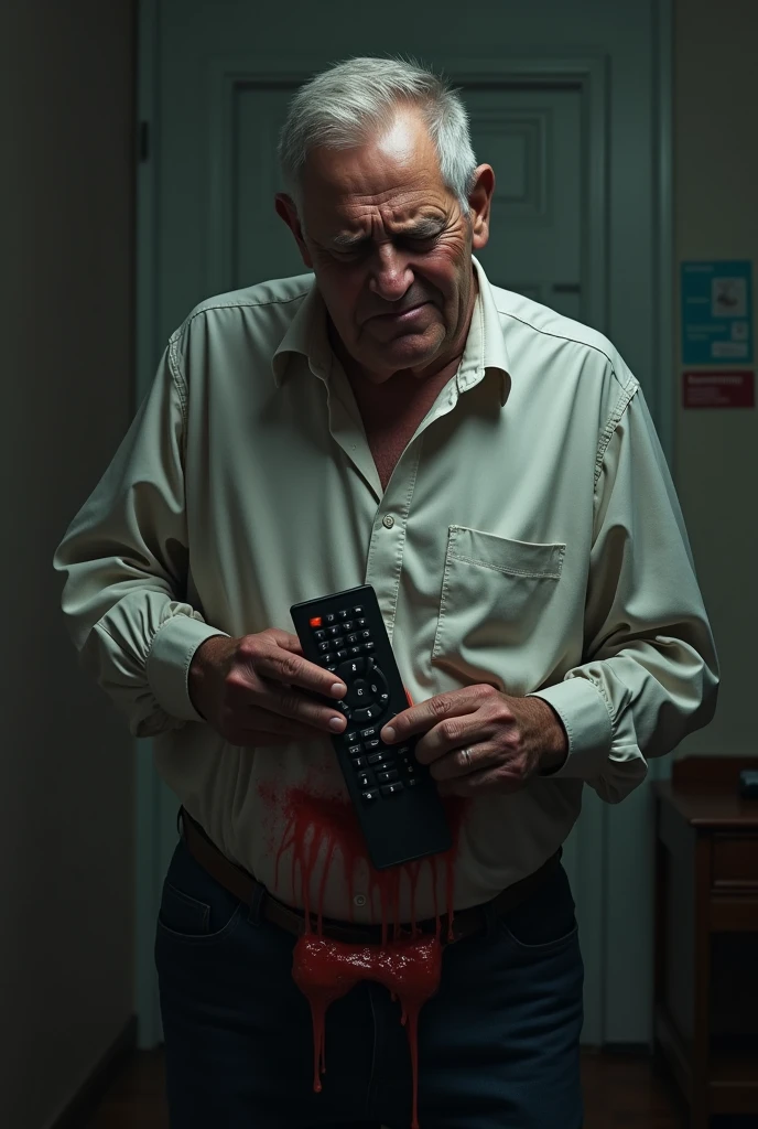 A guy putting the remote control in his anus