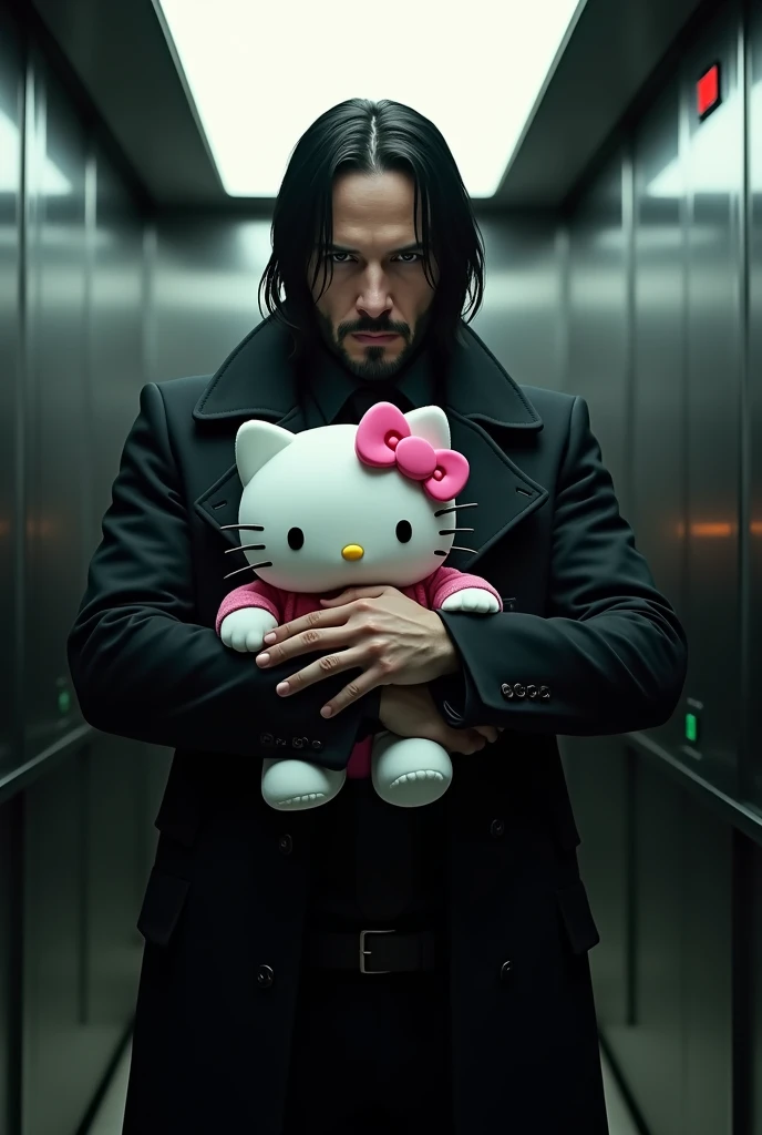 John wick with hello kitty (pink and white) on elevator john wick holding kitty and serious mode on the camera , john wearing full black coat , john wick face more clear