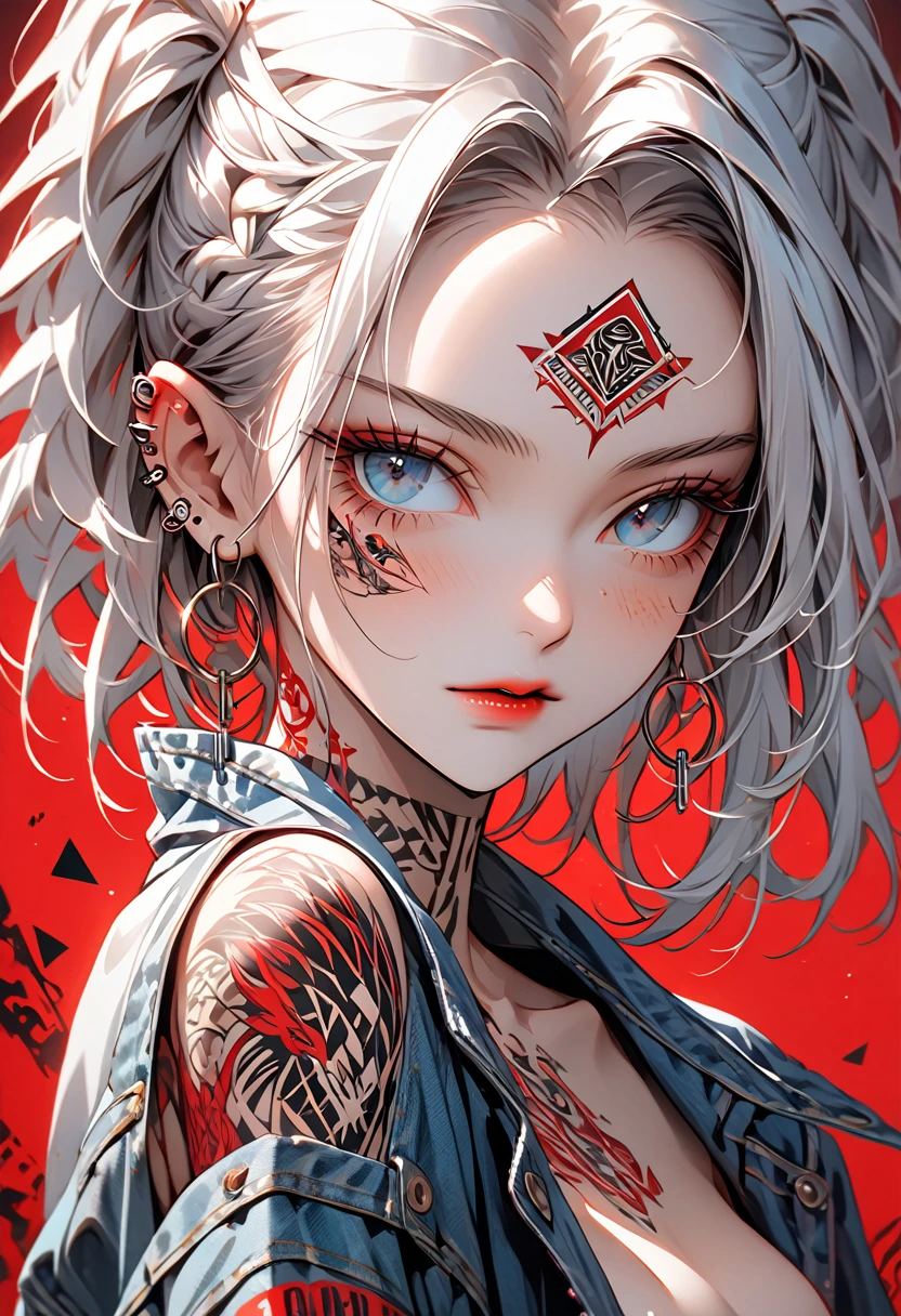 A highly detailed, hyper-realistic portrait painting of a young woman sexy decote Sensual si nude with vibrant crimson silver hair styled in an elaborate high silver and two long braided pigtails. The hair features intricate braids and is adorned with various accessories including paper clips, tags, small yellow rectangular labels, and a prominent brown card with 'UNS' written in white bold letters. The woman's face is covered in elaborate tattoos with intricate designs including swirls, leaves, geometric patterns, triangles, and symbols like hearts and anchors. She has striking blue eyes accentuated with heavy eyeliner and mascara, thick, well-defined eyebrows, and full lips with a glossy brown hue. Her skin is light beige with numerous small freckles scattered across her cheeks, nose, and forehead. The woman wears large hoop earrings on both ears, with one ear featuring multiple gauges. She's dressed in a denim jacket with various colorful patches, including a prominent yellow patch with frayed edges and the text 'ADD ROO' in red bold letters, over a turquoise shirt decote Sensual sexy semi nude. The jacket features intricate tattoo-like designs, with the word 'CH' visible on the left shoulder. The background is plain light gray, ensuring all focus remains on the subject's detailed features and vibrant appearance. The lighting is soft and even, highlighting the textures and colors of the tattoos, hair, and accessories, while creating a balanced exposure that brings out the intense colors and intricate details of this modern, edgy, and artistic portrait.swxy decote Sensual semi nud