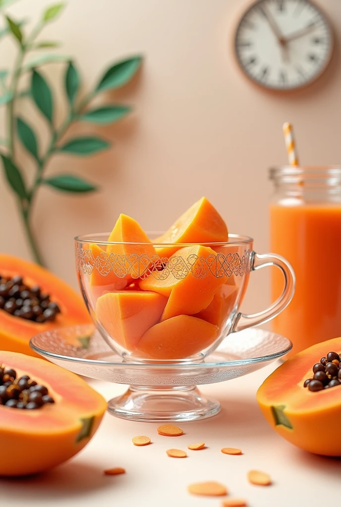 a glass cup with pieces of papaya inside, in a table, masterpiece, all in three dimensional paper art、(Almond Shapes);1.9、(Three-dimensional paper-cut art.、colorful):1.9
