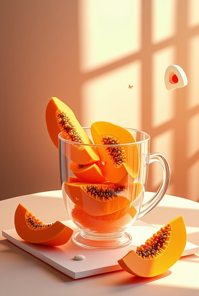 a glass cup with pieces of papaya inside, in a table, masterpiece, all in three dimensional paper art、(Almond Shapes);1.9、(Three-dimensional paper-cut art.、colorful):1.9