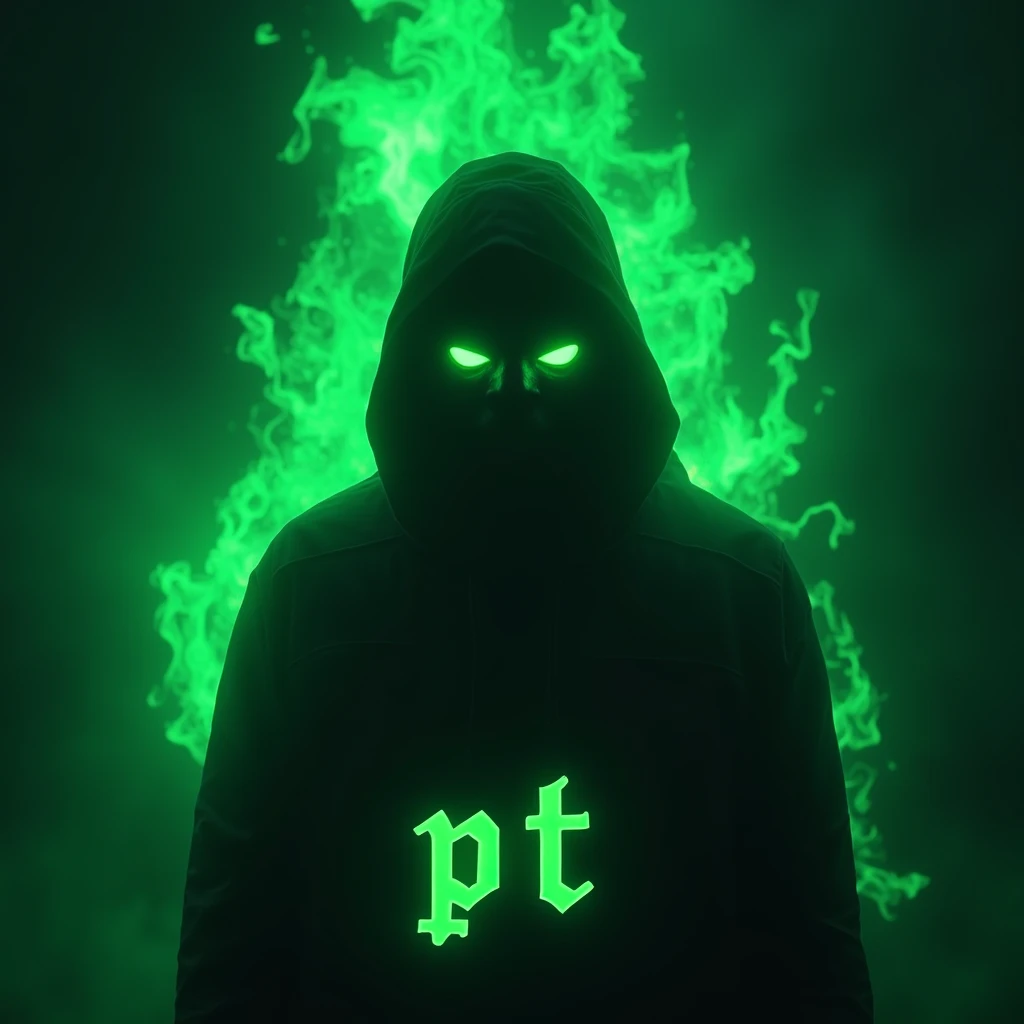 A dark silhouette of a character with glowing neon green eyes, surrounded by vibrant, glowing neon green flames. The background is abstract and filled with swirling neon green energy. The character's outline is barely visible, emphasizing the glowing neon green eyes and the intense neon green flames. At the bottom of the image, the letters 'PT' are displayed in a bold, stylized font. The overall feel is mysterious, with a hint of supernatural or otherworldly energy.