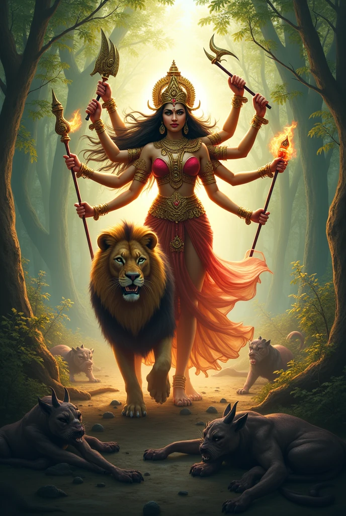 durga mata pic,with lion,in forest, killing rakashas,