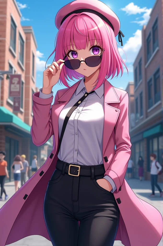 4k, realistic, high detailed, super eyes detailed, fashion clothes, pink trenchcoat, french beret, black pants with belt, long hair, in the city,  pink hair, purple eyes, yae miko, wearing trendy sunglasses,