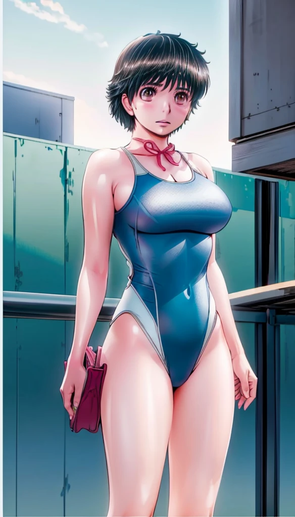 A beautiful girl with short hair, boyish looks, big breasts and beautiful legs is standing by the pool in a bright pink high-cut swimsuit with the arena logo and lettering, with her legs spread to the sides, her mouth open and her face blushing.。Angle from below。