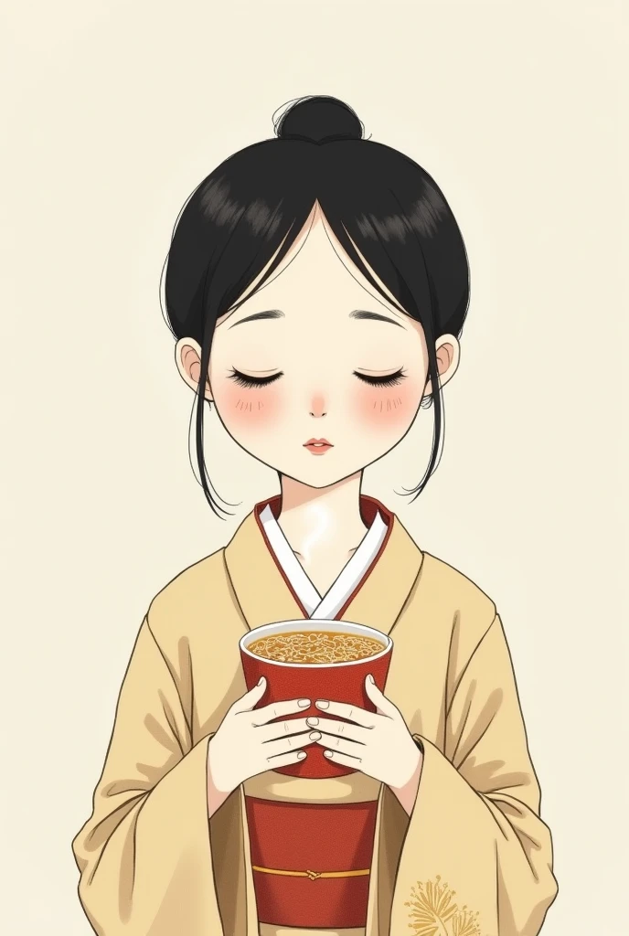 A simple drawing without many features of a Chinese girl with a Kimono and an Instant Soup in her hand that makes her face not look so real.