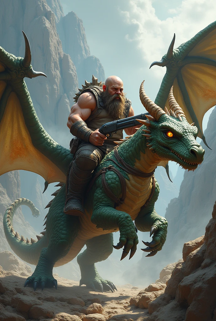 A dwarf riding a dragon with a shotgun 