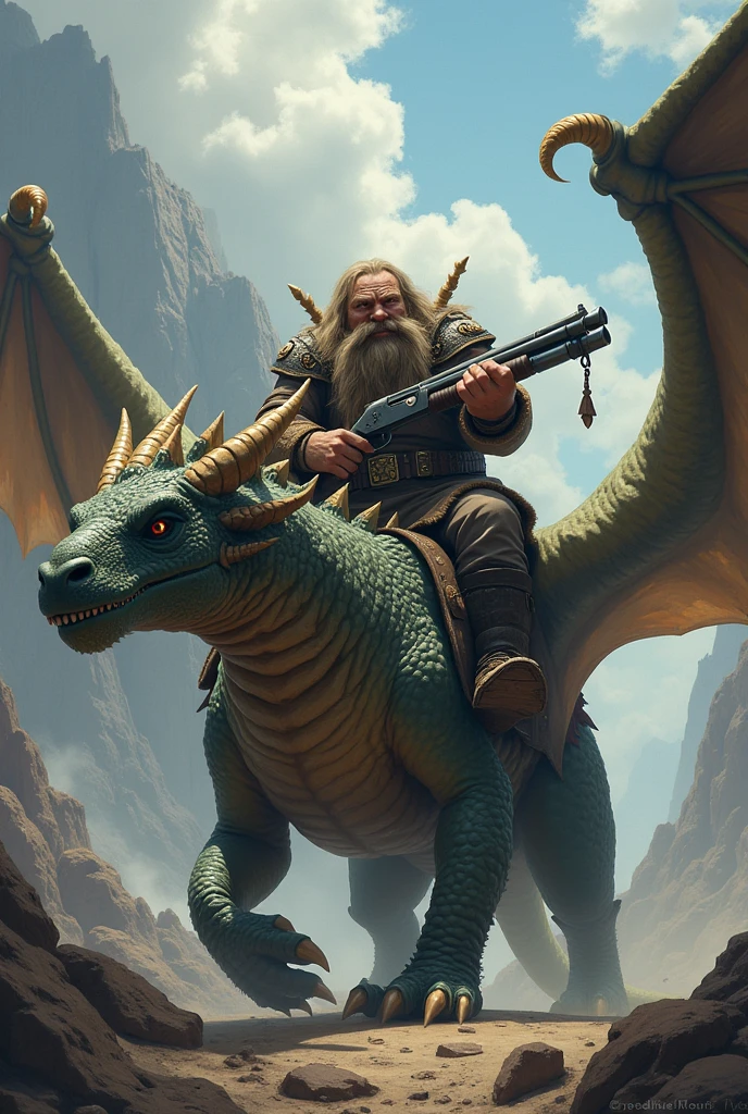 A dwarf riding a dragon with a shotgun