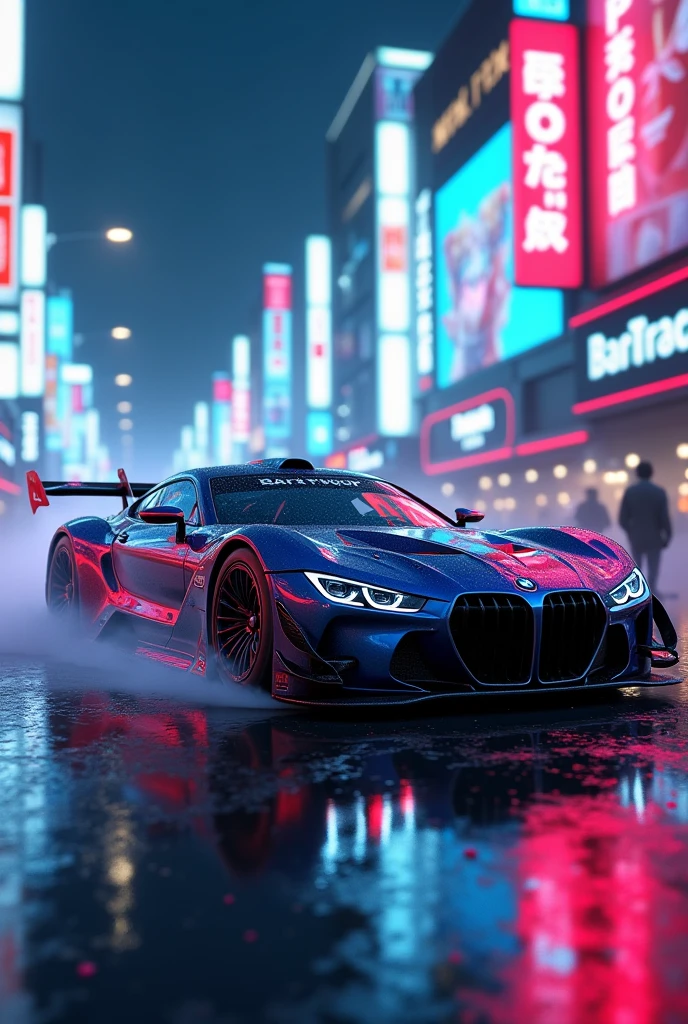 Best quality, masterpiece, ultra high res, Capture the adrenaline-fueled excitement of a sleek, BMW high-performance racing car dripping, red, blue, fires, neon light, dust, full car show, from side, cyberpunk racing car, tokyo cyberpunk night,Detailed,Realistic,4k highly detailed digital art,octane render, bioluminescent, BREAK 8K resolution concept art, realism,by Mappa studios,masterpiece,best quality,official art,illustration,ligne claire,(cool_color),perfect composition,absurdres, fantasy,focused,rule of thirds,