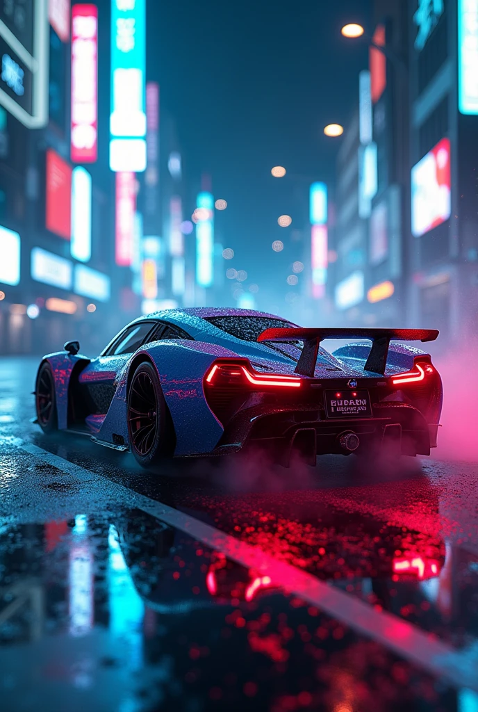 Best quality, masterpiece, ultra high res, Capture the adrenaline-fueled excitement of a sleek, BMW high-performance racing car dripping, red, blue, fires, neon light, dust, full car show, from side, cyberpunk racing car, tokyo cyberpunk night,Detailed,Realistic,4k highly detailed digital art,octane render, bioluminescent, BREAK 8K resolution concept art, realism,by Mappa studios,masterpiece,best quality,official art,illustration,ligne claire,(cool_color),perfect composition,absurdres, fantasy,focused,rule of thirds,