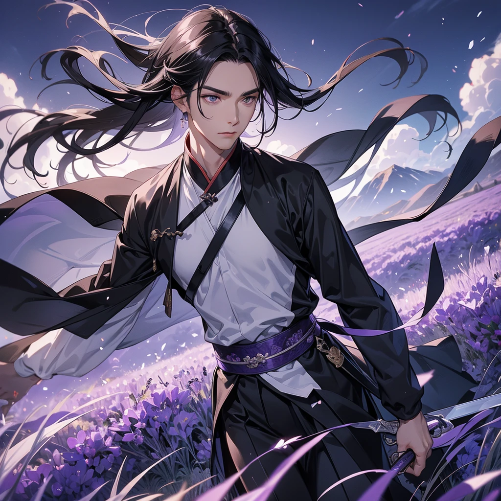 A Handsome black-hair male holding a large sword in black-white ancient general chinese, close up.

Stroll among the purple lavender fields , There are some floating clouds,

 
