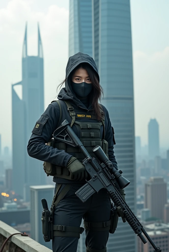 Masked Chinese female sniper standing on the roof of a high-rise building