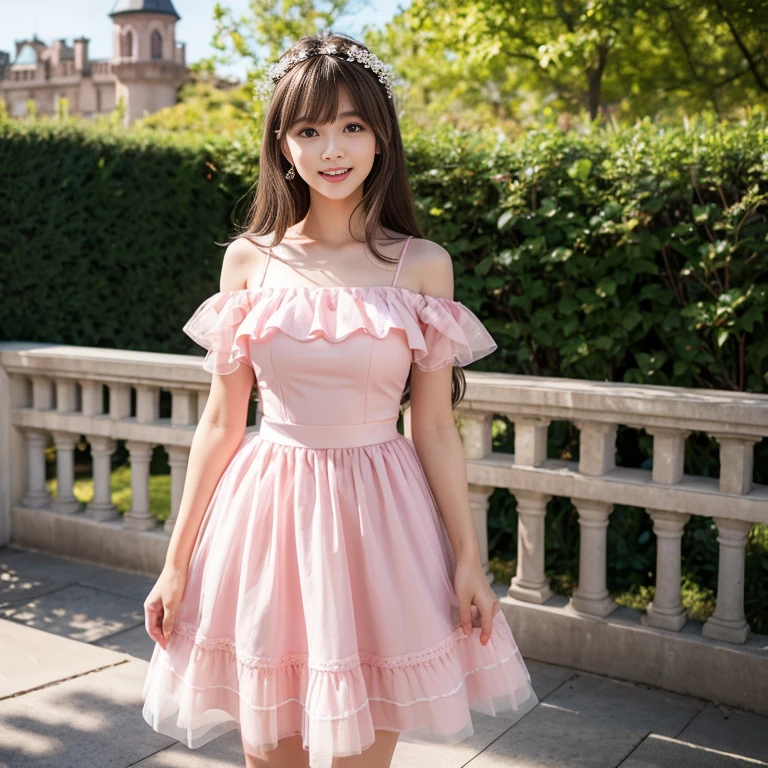 laughing out loud,1 female, 2,(Wearing a pink princess dress),Wear a dress,wear princess dress,Wearing a pink princess wedding dress,Wear a wedding dress,Outside the castle,There are multiple layers of gauze on the outside of the skirt,Big skirt,Big hem,Large gauze skirt,Thousand layer gauze skirt,Gradient gauze skirt,Large skirt,Big hem,light brown hair, blunt bangs, hair behind ears, Shoulder length hair, long hair, Slender body type, 超face slimming型, face slimming, delicate lips, beautiful eyes, Thin blush, Eyes are light brown,Check it out here, (actual:1.3), One person's perspective, 8k, Super detailed, high quality, best quality, High resolution,knee shot