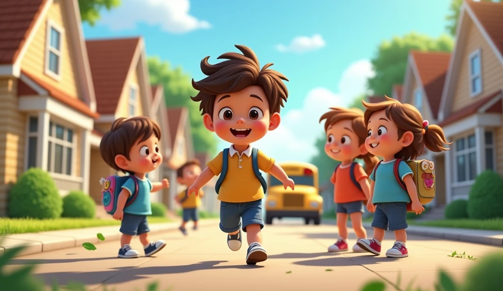 Generate a animated cartoon image of 4 year kid who is going school for the first time and waiting for his bus with his friends