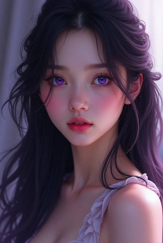 Beautiful purple eyes of a girl with long hair With a beautiful fiture