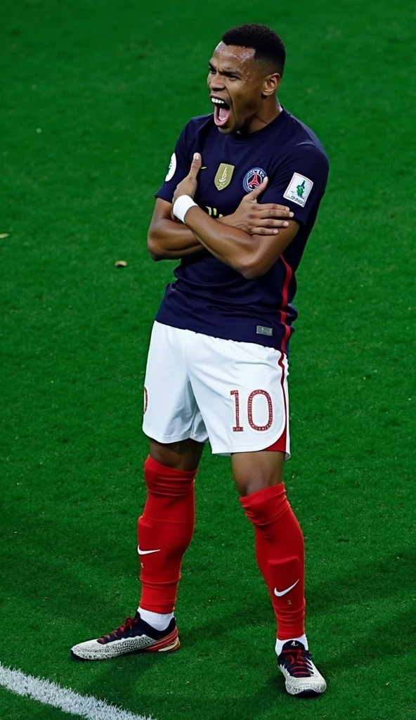 photorealistic, 8k, hyperrealistic, a Mbappe wear PSG jersey, number 10, celebrating his goal, in stadium, arm crossed pose, highly detailed face, intense expression, full body in frame, dramatic lighting, cinematic composition, chiaroscuro, dramatic shadows, photographic realism
