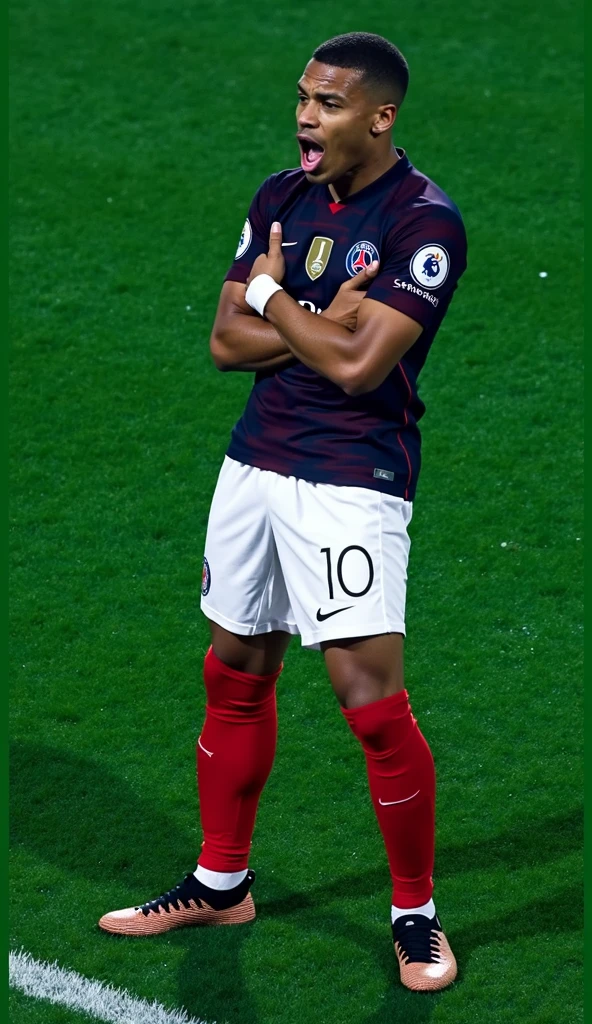 photorealistic, 8k, hyperrealistic, a Mbappe wear PSG jersey, number 10, celebrating his goal, in stadium, arm crossed pose, highly detailed face, intense expression, full body in frame, dramatic lighting, cinematic composition, chiaroscuro, dramatic shadows, photographic realism