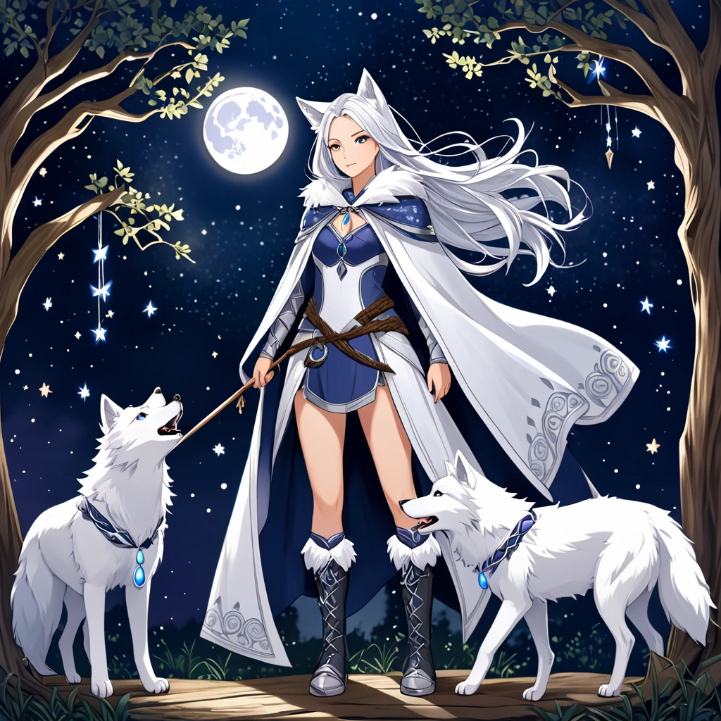 A fierce huntress with hair as white as moonlight, braided with silver threads and tiny crescent moon charms, wearing a sleek, form-fitting outfit made of enchanted wolf fur that glows under the moon, a cloak that mimics the night sky with twinkling stars, and boots that allow her to move silently, armed with a bow made from the wood of an ancient, sacred tree and arrows tipped with moonstone.