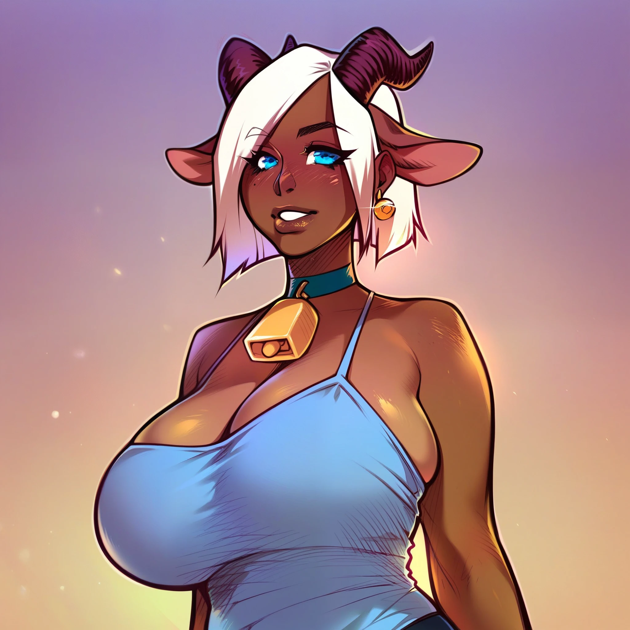 score_9, score_8_up, score_7_up, score_6_up, score_5_up, score_4_up, best aesthetic,high quality, base colors, 1girl, sexy, portrait, melkor mancin, dark skin, huge breasts, farm background, cowbell, goat horns, white hair, blue eyes, standing, blue shirt with trim fur,
