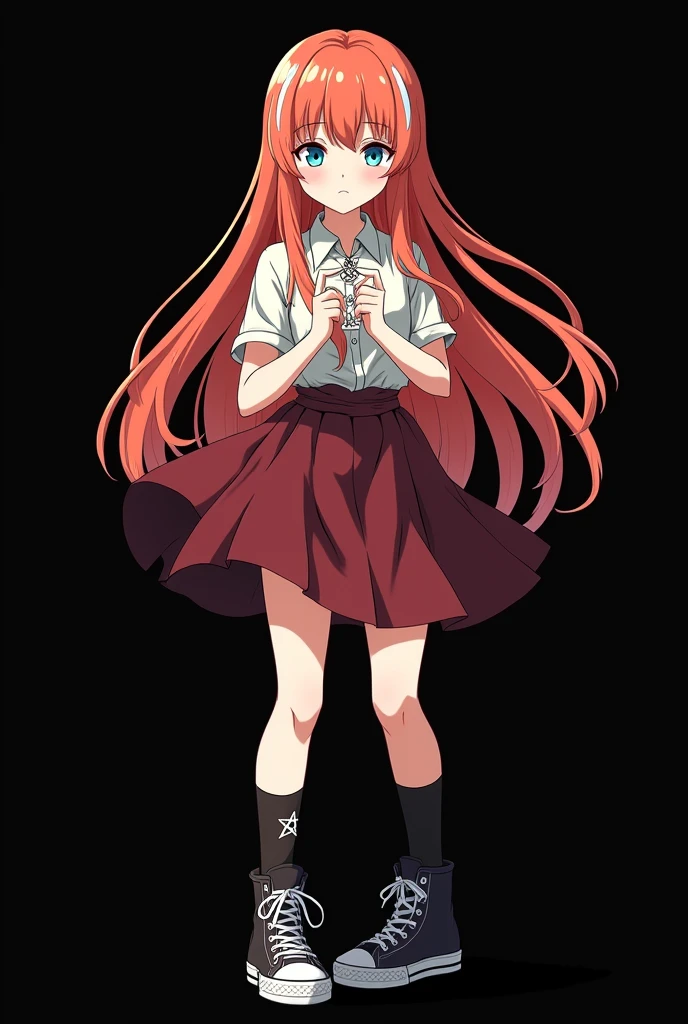 A full body image of an child, personagem do anime "JUJUTSU KAİSEN", she is very beautiful, with long, straight, fire-colored hair with two white streaks highlighted in the front, framing your face. She has blue-green eyes and pale skin.. she is a Wiccan, she is in fighting pose. she wears a pentagram necklace, tight skirt, beautiful women's high-top shoes and ¾-long socks. Animation made by Gege Akutami, criador de JUJUTSU KAİSEN. black backdrop.