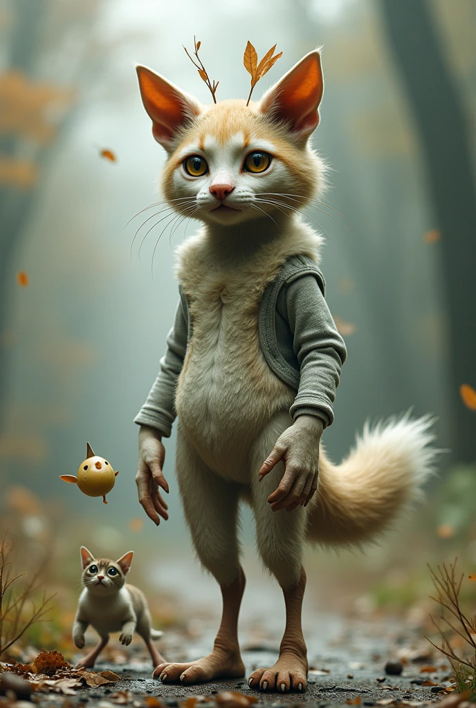 Generate an imaginary friend with the following characteristics:
Dog head Human body Cat tail Duck legs Cat arms