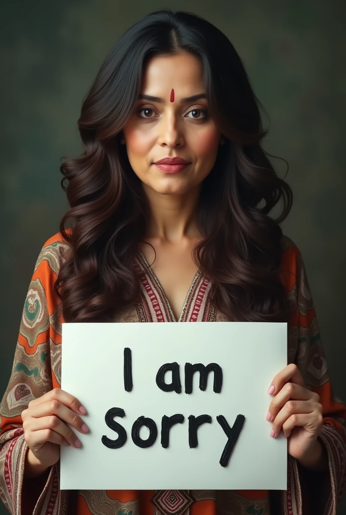 pm shak hasina with wavy long hair, bohemian dress, holding a white board with text "I am sorry" and showing it to the viewer