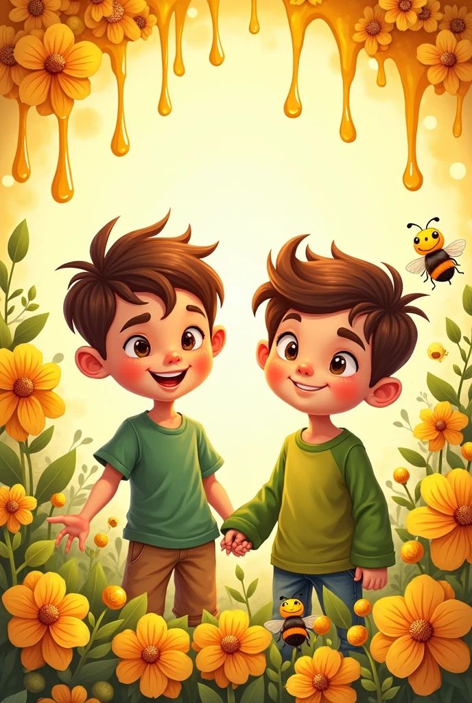 Make a Facebook profile border with bouncy front that says below "VRIXIAN BEES" with a design of bees and honey, add to boys, one with a green t-shirt and one with a green long sleeve, make the two boys cute ang small, this border is 2d art