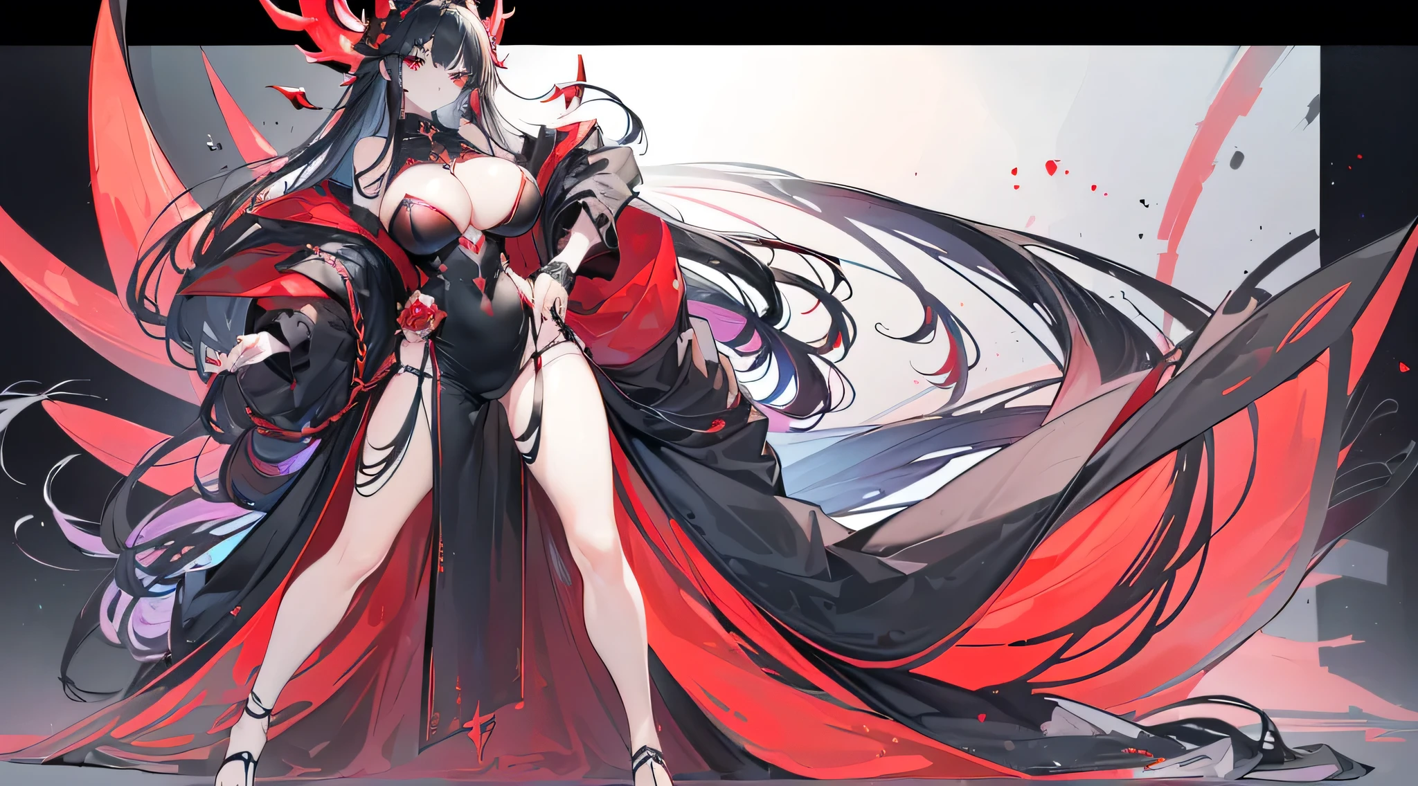 Exquisite eyes),(Clear and beautiful eyes:1.61),masterpiece, 1 young girl,(Black clothes and some red gems), Black long hair, (She has a huge red gem on her chest), Good Hand,((The Havoc of StarCraft)),full-body shot,Fighting Stance,(Red Eyes:1.466)，short and small,(Very big breasts:1.35),(Pretty Face),(full-body shot:1.33),Beautiful hands