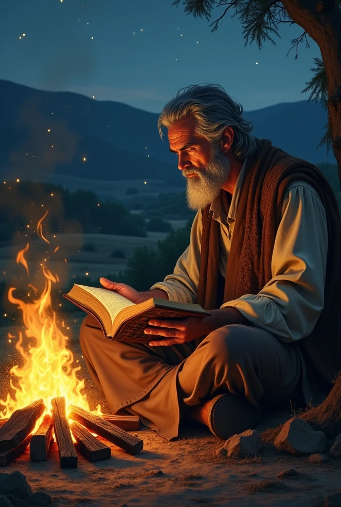 A man reading a book in Jesus' time clothing with a bonfire