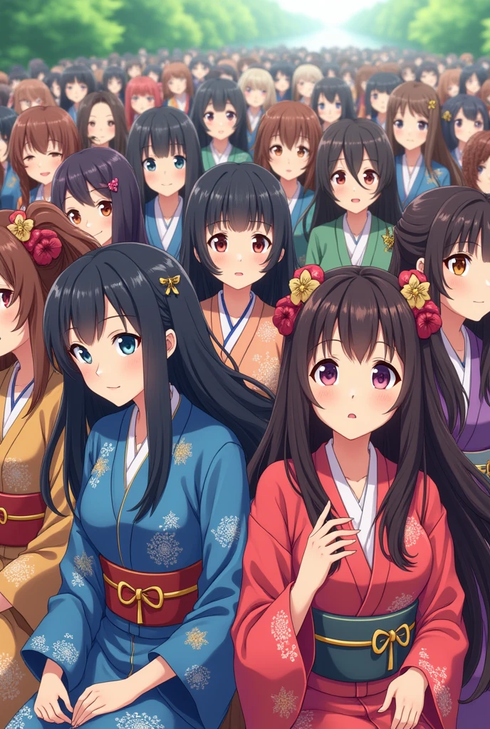 2,000 long-haired Asian anime girls wearing colorful hiragakutas take a group photo together