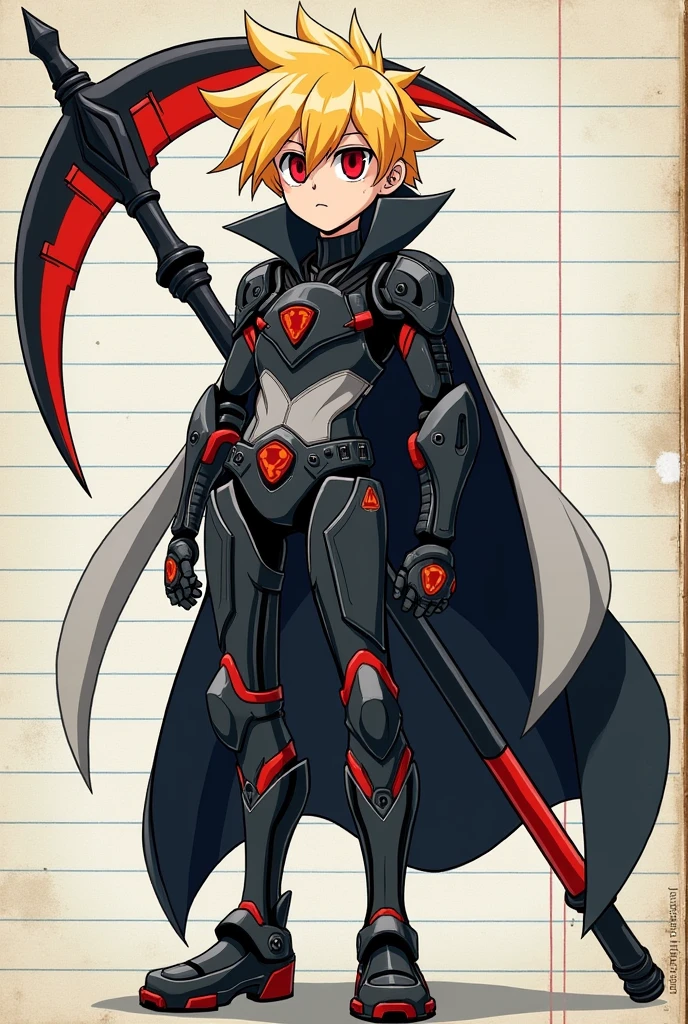 I want the image of a blond male character with anime-like hair and red eyes in the shape of Roblox and mechanical arms and a giant black and red scythe on his back. His clothes can be dark but he has to have a black and white cape. Now it looks like the drawing was made on a notebook sheet.