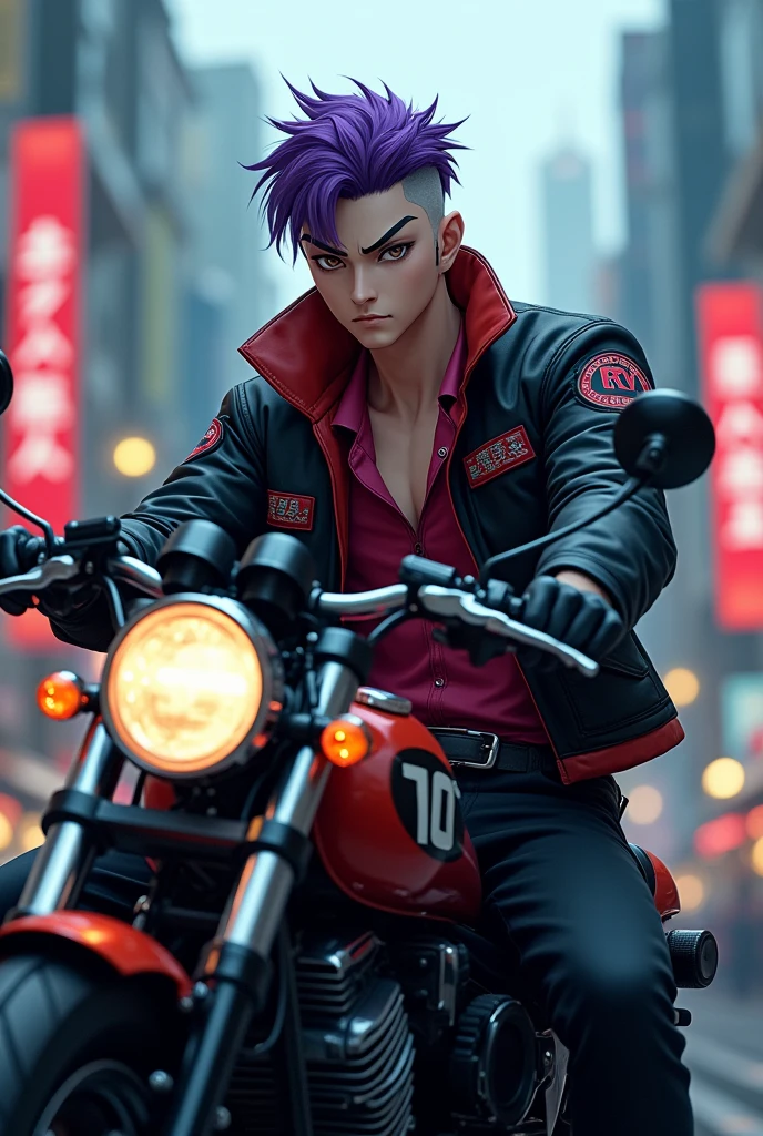 Mitsuya Takashi, on motorcycle. handsome man, dr short purple hair, shaved eyebrows. In Japanese gang costume. handsome. Tokyo revengers. Japanese, Asian. Shaved hair number 2