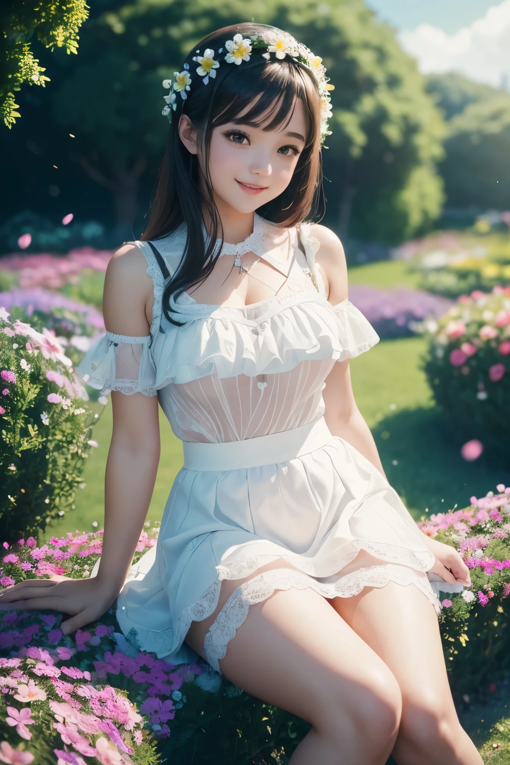 cute sexi girl, thick thighs, white short miniskirt ,lace miniskirt ,smile,flower garden,full body,sitting,sea in the distance,light particles,(Depth of field,cinematic angle,cinematic lighting:1.2),blurry background,blurry foreground,(masterpiece:1.2),(best quality:1.2),(very aesthetic:1.2),(absurdres:1.2),(detailed background),newest,intricate details