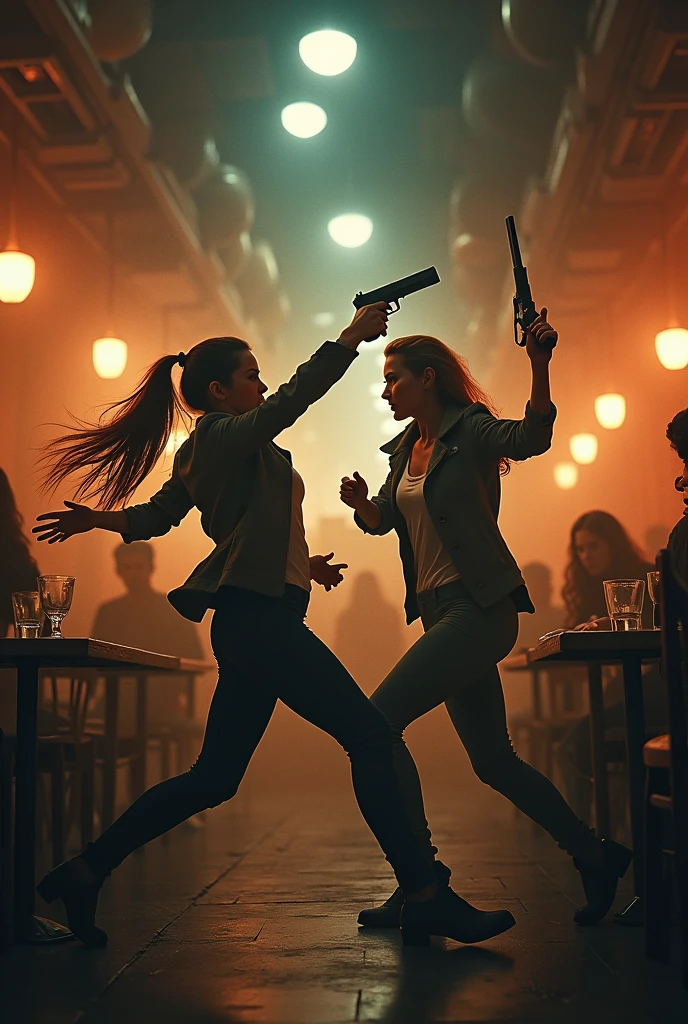 Action movie poster landscape Two girls are fighting in a restaurant. Both have weapons in their hands and the enemies are following them.