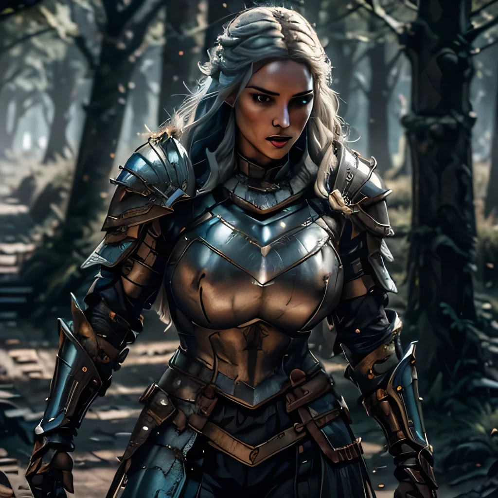 8K,asgard female warrior with very big breasts,Super beautiful(like the real thing),black very large chest armor,realistic skin,luxury black pants,Has a large, long black spear,sexy,muscular slim body,ripped abs,black shoulder armor,black waist armor,black leg armor,desert, rich colors, Backlight, cinematic lighting, film grain, RAW, 50mm lens,nikon　D850,ultra high resolution,Super realistic,goddess,battle scene,action scene,action pose,shine a light on the face, long wavy blue hair, the Witcher, the Witcher armor, yennefer, running in the forest