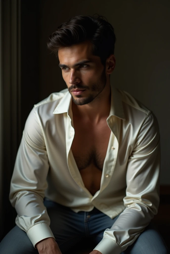 Man in satin blouse crouching, with the two buttons of her blouse open so that part of her neck and collarbone is visible. Front diagonal angle 