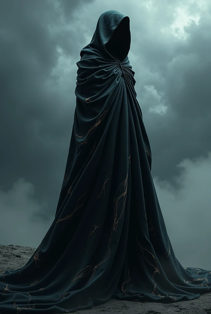 A dark outfit with subtle swirls of metallic or iridescent fabric to mimic the swirling storm clouds.