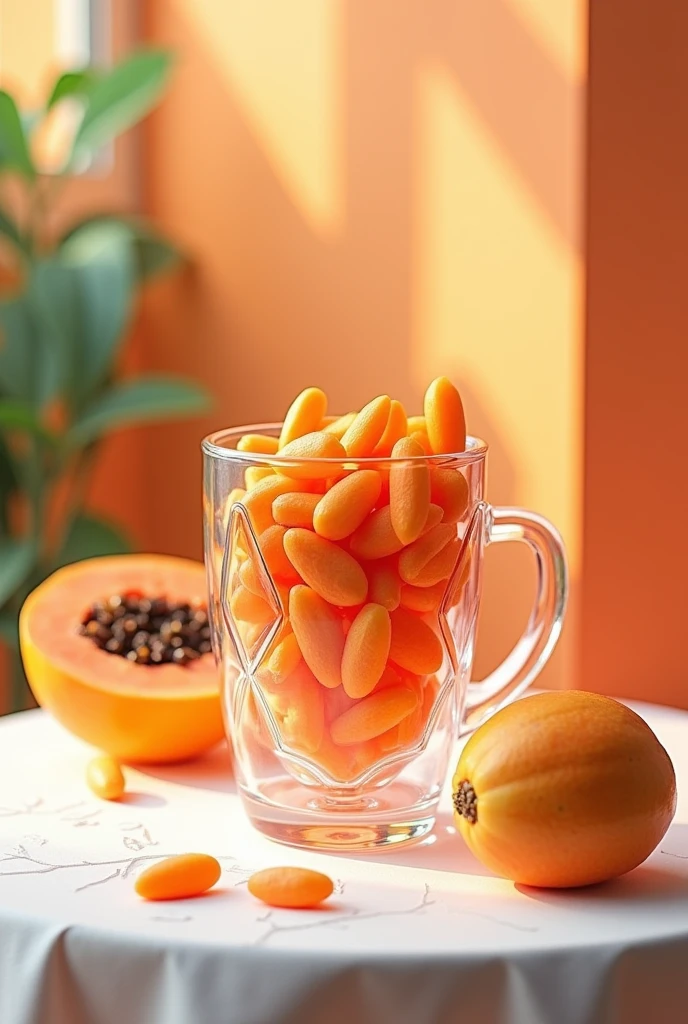 a glass cup with pieces of papaya inside, in a table, masterpiece, all in three dimensional paper art、(Almond Shapes);1.9、(Three-dimensional paper-cut art.、colorful):1.9

