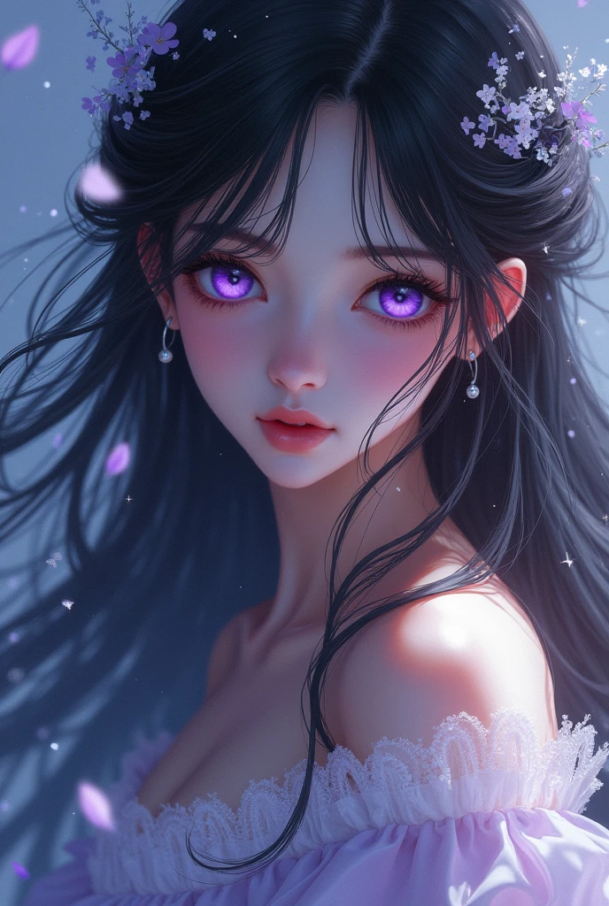 Beautiful purple eyes of a girl with long hair With a beautiful fiture With beautiful long dress