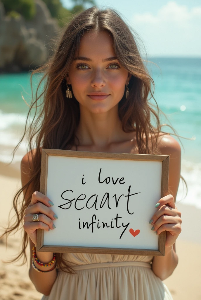 Beautiful girl with wavy long hair, bohemian dress, holding a white board with text "I Love Seaart Infinity" and showing it to the viewer