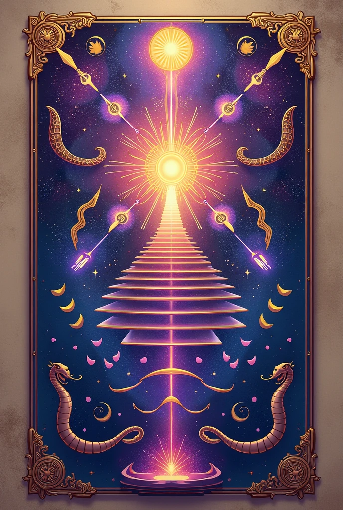 "Create a Maha Lilah board image with a mystical and spiritual design. The board should be illustrated with ancient symbols, like snakes, arrows, steps, e chakras, arranged in a harmonious and engaging way. Use vibrant colors like purple, dourado e azul, with a soft light emanating from the center of the board, creating a sense of depth and spiritual connection. The background should be a subtle texture, like parchment or sand, to give a touch of antiquity and wisdom. The image should convey a feeling of introspection and spiritual awakening.."