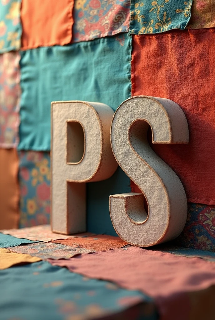 Minimalist PS letter in relief on a patchwork fabric background