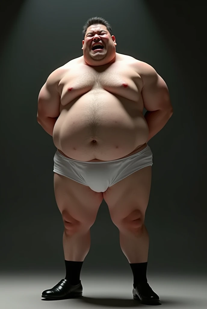 He weighs 130 kg, For a person who is 170cm tall, I'I'm a middle-aged man、I have a fat metabolic body type.、Round physique, Short black hair, Upper body naked.Wearing white briefs、I am Japanese、he has stubble.、Lots of body hair、I'I'm wearing black business shoes、I'She is wearing thin black nylon socks.、Hands folded behind your back、My dick is erect in my briefs、
Highest quality, Anatomically correct, masterpiece, Backlight, Open your mouth, High resolution, Attention to detail, Textured skin, Ahegao, pain, Excited, Intimidating, Fat face,