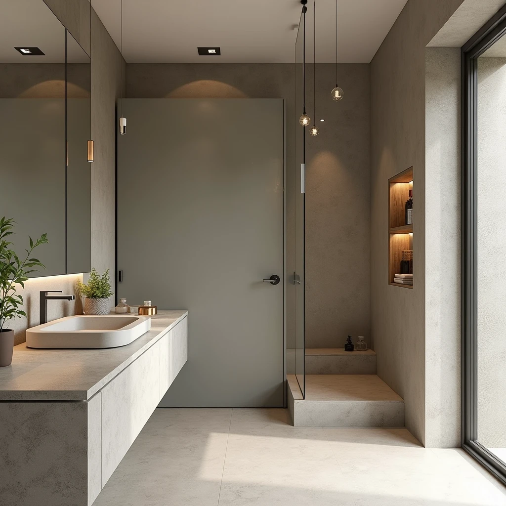 Interior design , couple's bathroom , high standard , suspended glass , stone countertop , and minimalist in northeastern Brazil , ultra realisitic , ultra-realistic render , 4 K ,