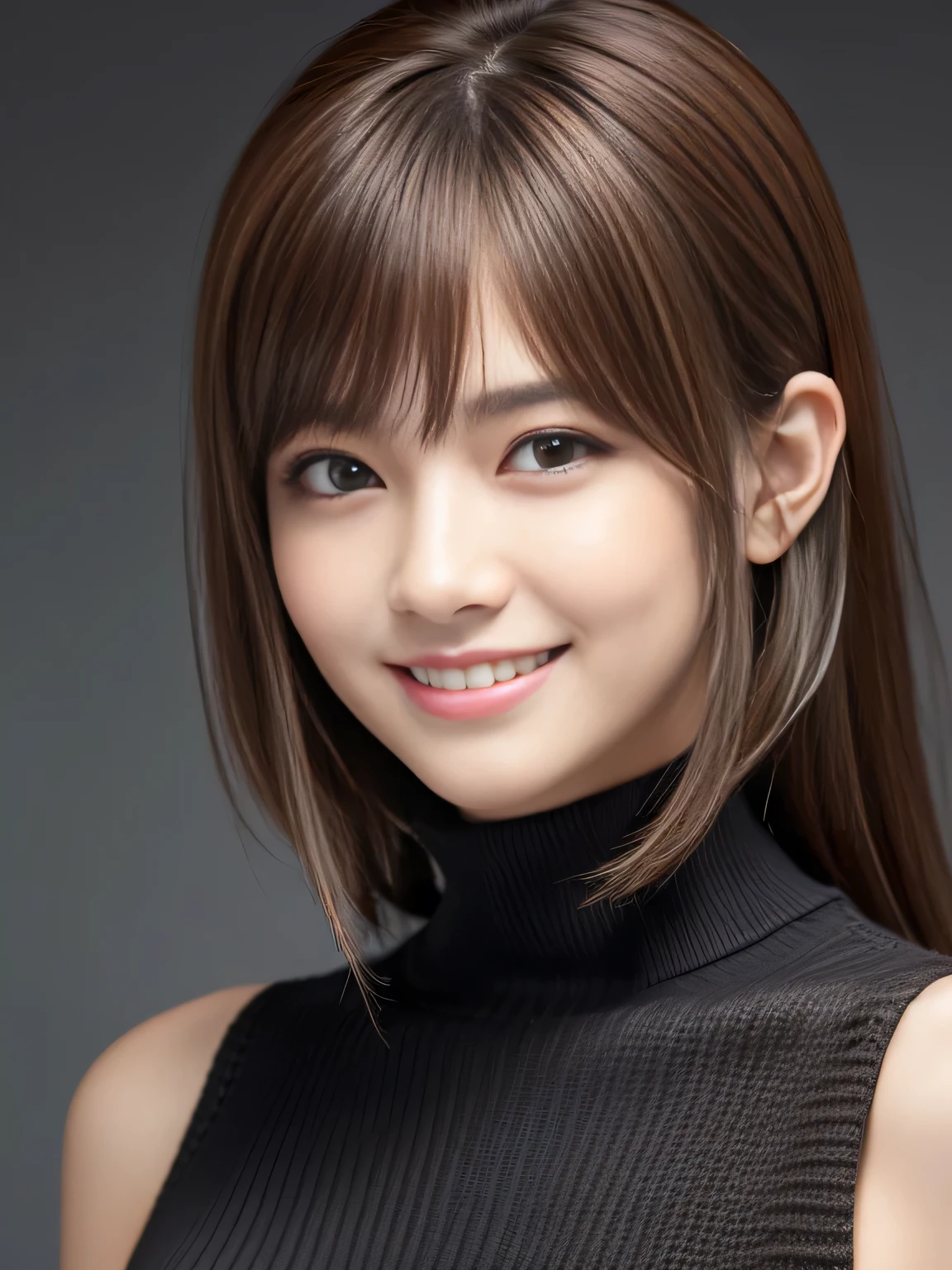 masterpiece, best quality, ultra-detailed, intricately detailed hyperdetailed, realistic, sharp features, highly detailed, sharp focus, Realistic, Photorealistic:1.3, perfect face, perfect symmetrically eyes, perfect full lips, hyper detailed, hyper realistic, high resolution, Fashion Model, Japanese Idol, Slender, brown hair, Stylish, model poses, Beautiful Face, light brown hair, messy hair, asymmetrical bangs, (grin:1.2), (looking at viewer), cinematic lighting, grey background, (Black knit:1.2), portrait