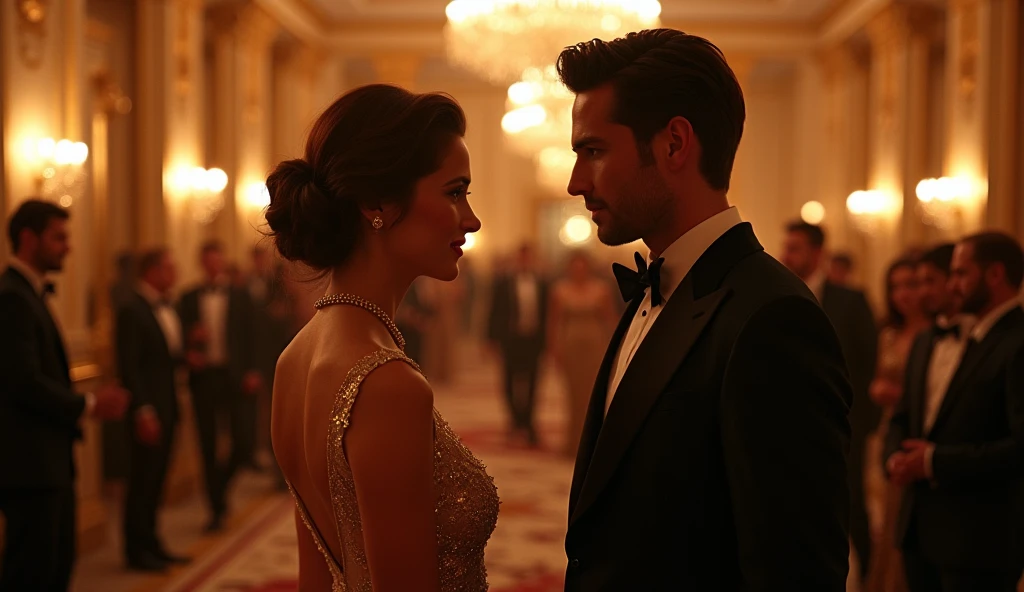 You are the heiress to one of New York's most powerful families. Tonight you're at the annual gala dinner at one of the city's most luxurious hotels. Among the guests is Leo Grayson, a young billionaire who has recently become a topic of discussion in high society. His appearance always arouses interest and intrigue. You exchange glances and he approaches you, smiling demurely, but you can see more than just friendliness in his eyes. masterpiece, uhd, realistic, cinematic, luxury. Romantic light, dramatic light, brightly lit room