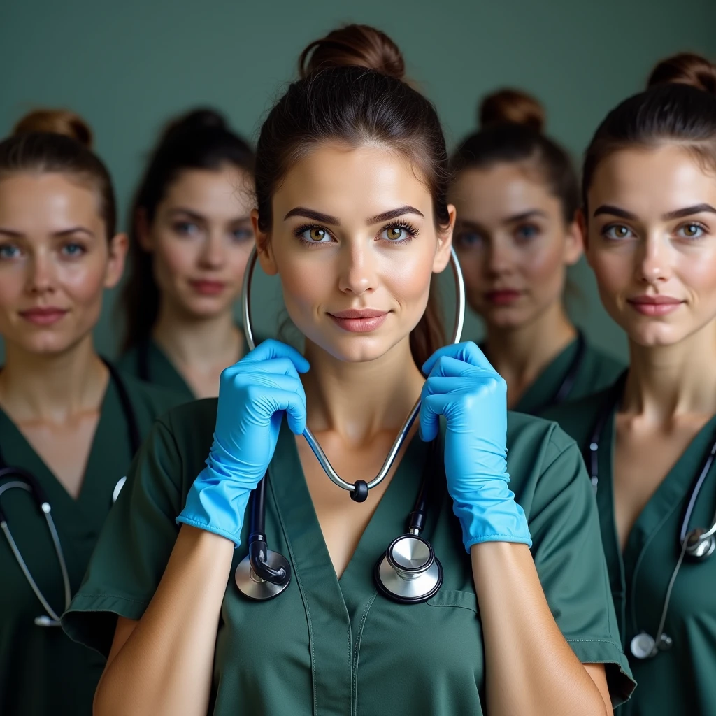 5 Real-Life Brunette Women, Brown eyes, Hair tied up. She is a doctor in the French army.. Her outfit gives us a glimpse of her beautiful décolletage.. She put the stethoscope to her ears、Looking at the camera and wearing blue latex gloves.
