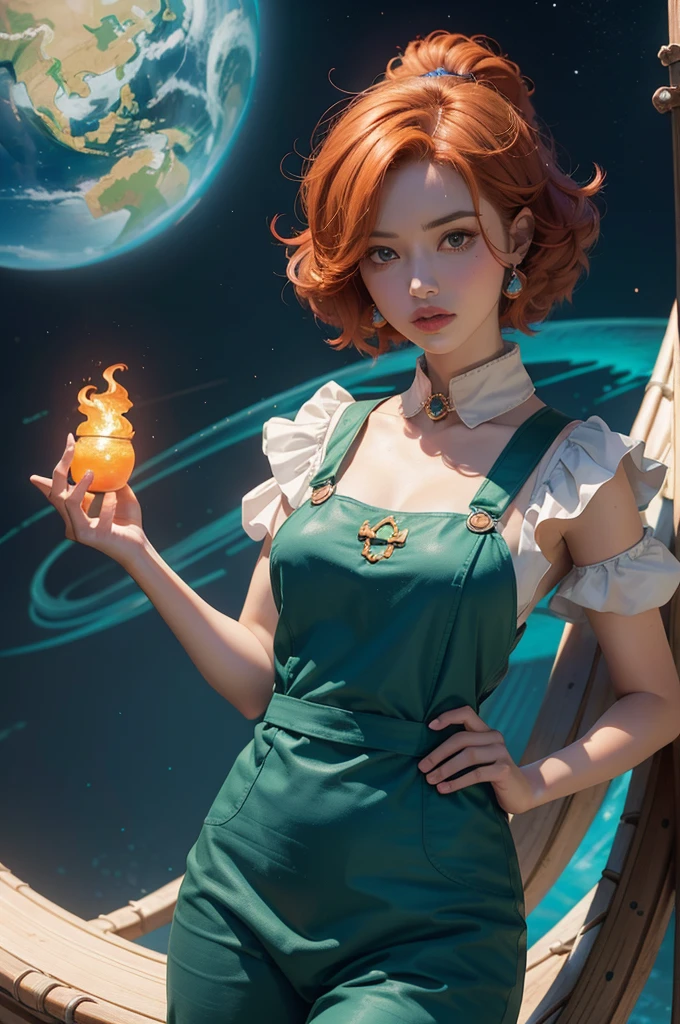 concept art, overhead angle of a Will-o'-the-wisp, wearing Funny Somali Emerald deep orange Pinafore, Caramel hair styled as Short hair, fluorescent purple Hair tie, equirectangular 360, Highres,  [(art by Willi Baumeister:1.1), (art by John T. Biggers:1.2)::17], official art, unity 8k wallpaper, ultra detailed, aesthetic, masterpiece, best quality, photorealistic